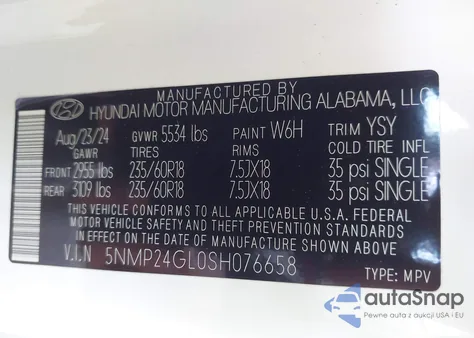 2025 Hyundai Santa Fe Sel из США, поврежденный, VIN 5NMP24GL0SH076658